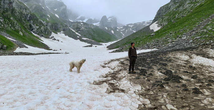 Hund und Hirte im Schneefeld – die Schafe weiden verstreut. © Pro Natura Graubünden